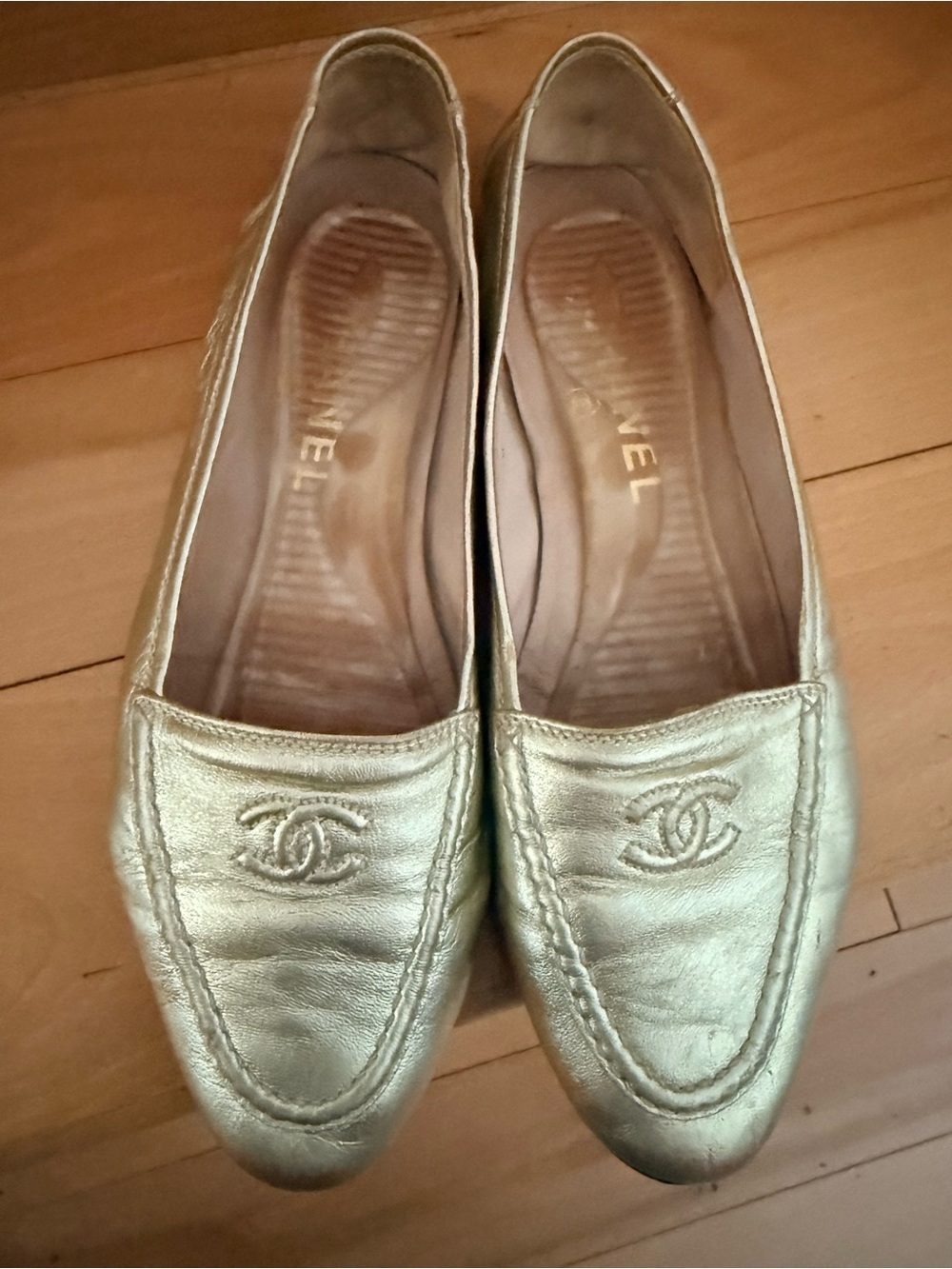 Chanel Metallic Gold Leather Driving Loafers Size 38